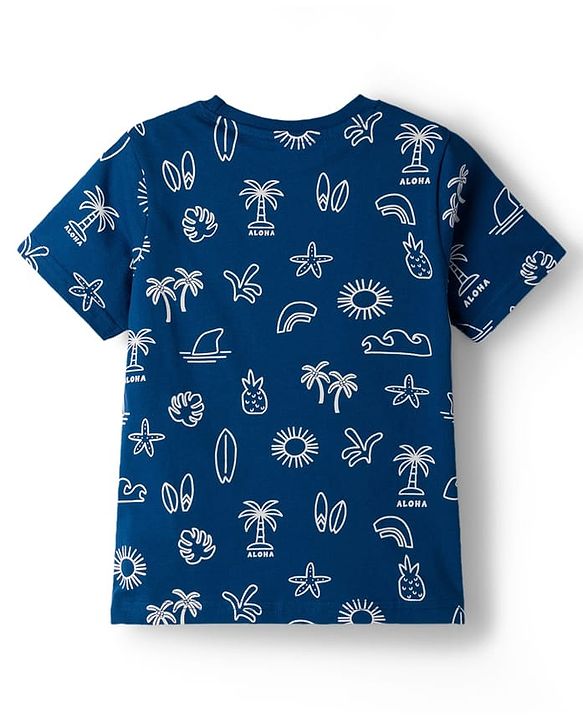 Pine Kids Cotton Knit Half Sleeves T-Shirt & Shorts Co-ord Night Suit With Tropical Print - Navy Blue