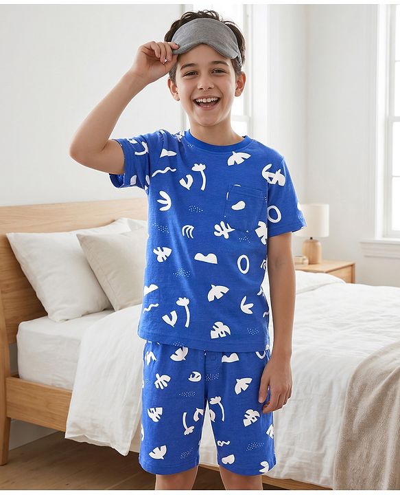 Pine Kids Cotton Knit Half Sleeves Co-Ord T-Shirt & Shorts Printed Night-Suit - Blue