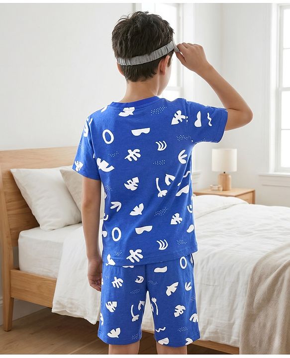 Pine Kids Cotton Knit Half Sleeves Co-Ord T-Shirt & Shorts Printed Night-Suit - Blue