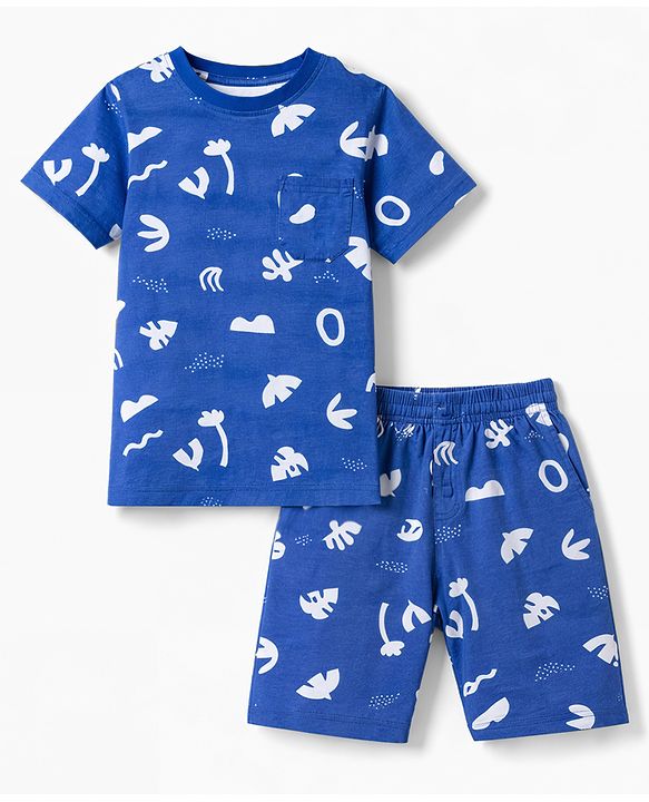 Pine Kids Cotton Knit Half Sleeves Co-Ord T-Shirt & Shorts Printed Night-Suit - Blue