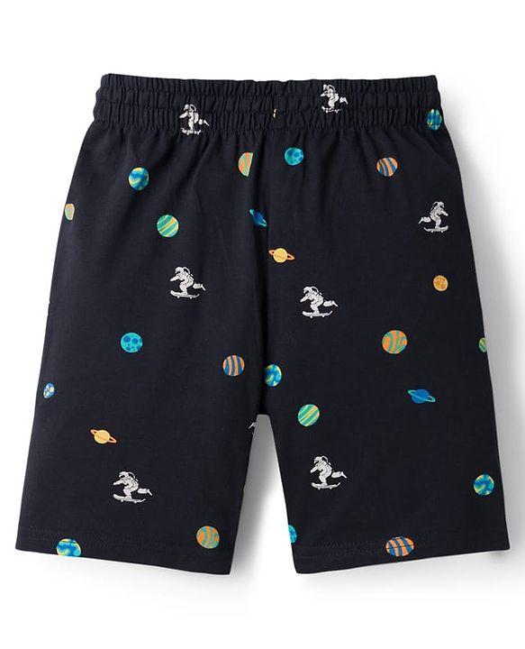 Pine Kids Cotton Knit Half Sleeves T-Shirt & Shorts Co-ord Night Suit With Space Theme Print - Black
