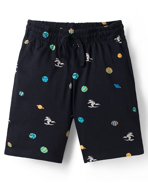 Pine Kids Cotton Knit Half Sleeves T-Shirt & Shorts Co-ord Night Suit With Space Theme Print - Black
