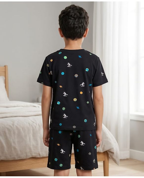 Pine Kids Cotton Knit Half Sleeves T-Shirt & Shorts Co-ord Night Suit With Space Theme Print - Black