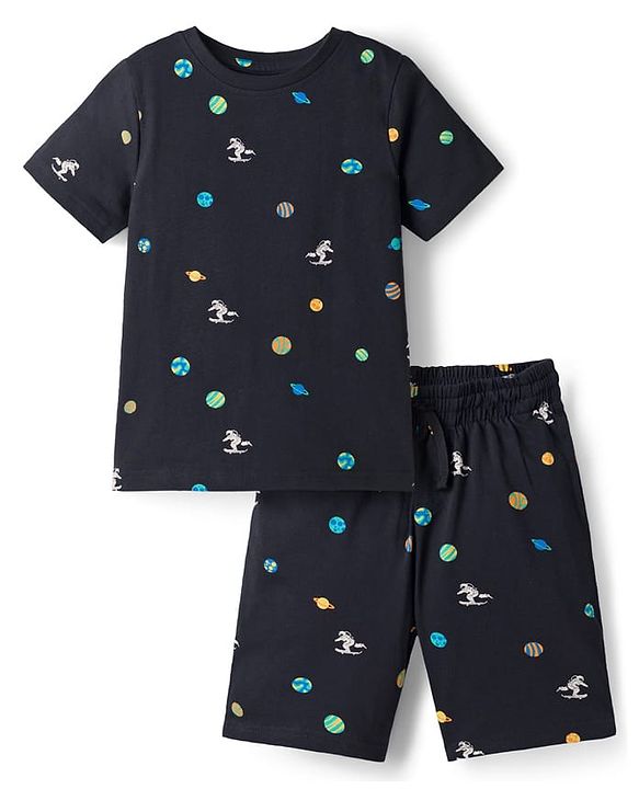 Pine Kids Cotton Knit Half Sleeves T-Shirt & Shorts Co-ord Night Suit With Space Theme Print - Black