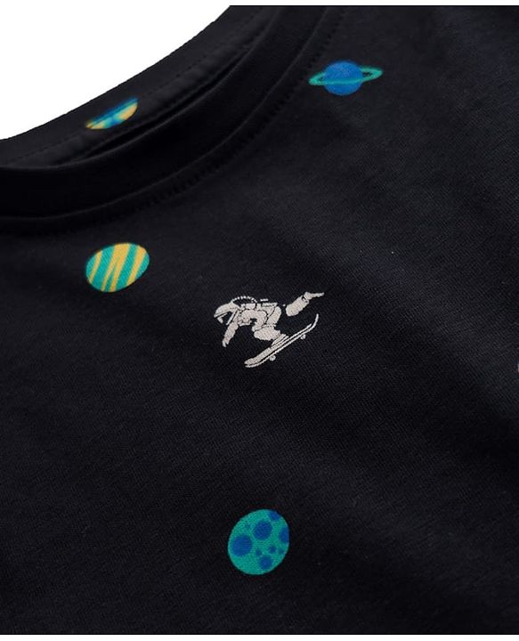 Pine Kids Cotton Knit Half Sleeves T-Shirt & Shorts Co-ord Night Suit With Space Theme Print - Black
