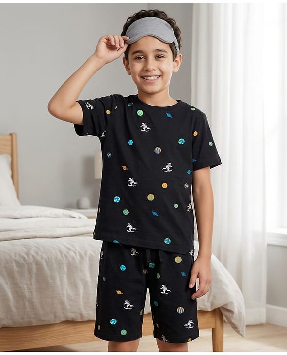 Pine Kids Cotton Knit Half Sleeves T-Shirt & Shorts Co-ord Night Suit With Space Theme Print - Black