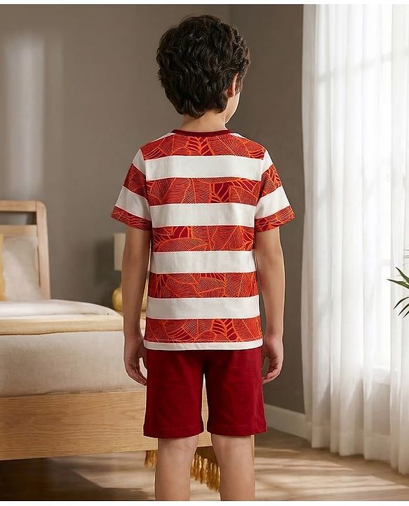 Pine Kids Cotton Knit Half Sleeves Striped Cut & Sew T-Shirt & Shorts Night Suit with Leaf Print - Brown