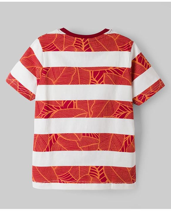 Pine Kids Cotton Knit Half Sleeves Striped Cut & Sew T-Shirt & Shorts Night Suit with Leaf Print - Brown
