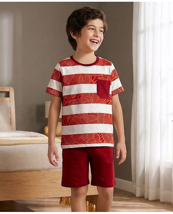 Pine Kids Cotton Knit Half Sleeves Striped Cut & Sew T-Shirt & Shorts Night Suit with Leaf Print - Brown