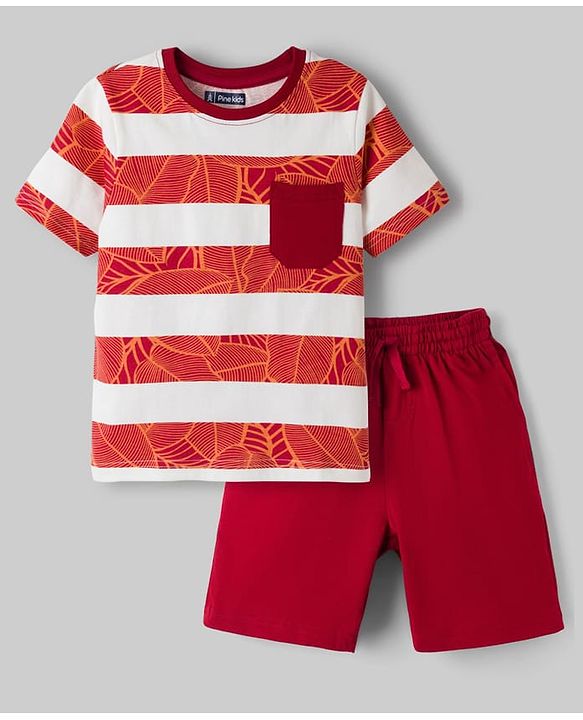 Pine Kids Cotton Knit Half Sleeves Striped Cut & Sew T-Shirt & Shorts Night Suit with Leaf Print - Brown