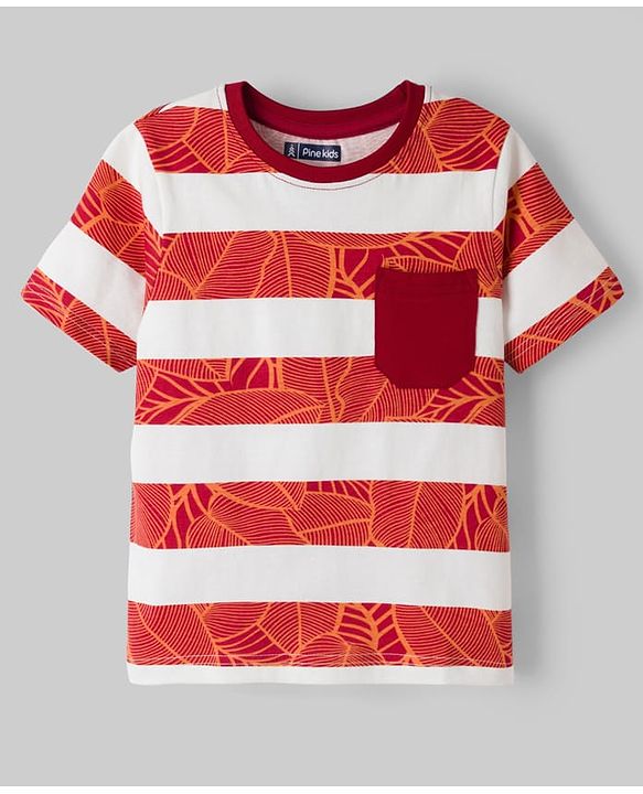 Pine Kids Cotton Knit Half Sleeves Striped Cut & Sew T-Shirt & Shorts Night Suit with Leaf Print - Brown