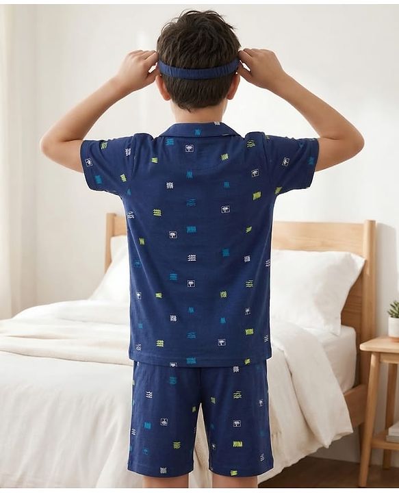 Pine Kids Cotton Knit Half Sleeves Printed Shirt & Shorts Co-ord Night Suit - Navy Blue
