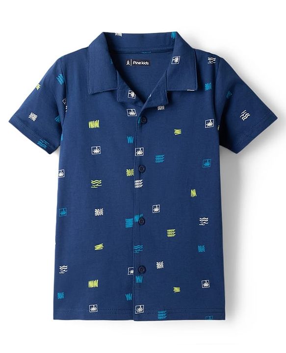 Pine Kids Cotton Knit Half Sleeves Printed Shirt & Shorts Co-ord Night Suit - Navy Blue