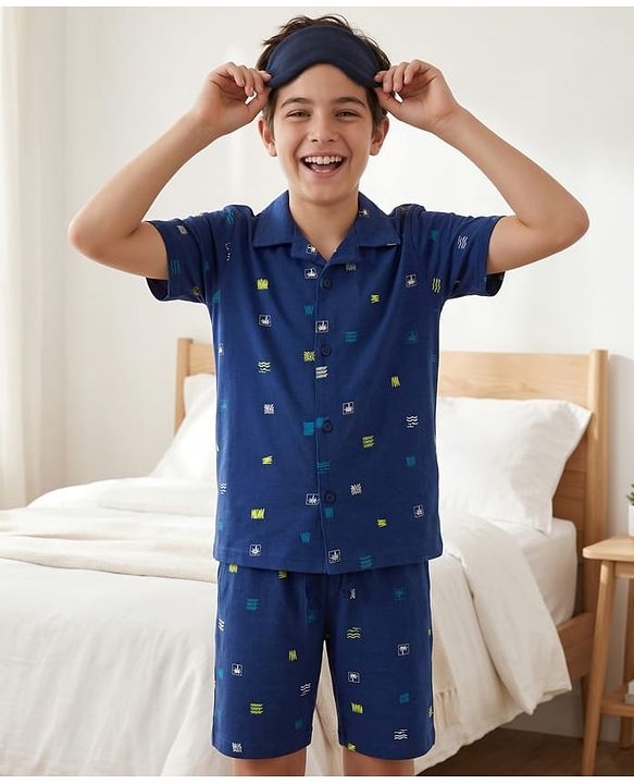 Pine Kids Cotton Knit Half Sleeves Printed Shirt & Shorts Co-ord Night Suit - Navy Blue