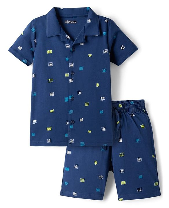 Pine Kids Cotton Knit Half Sleeves Printed Shirt & Shorts Co-ord Night Suit - Navy Blue