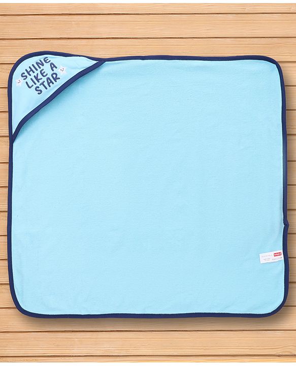 Babyhug Cotton Knit Hooded Towel With Star Print & Text Embroidery L 75 x B 71 cm - Light Blue