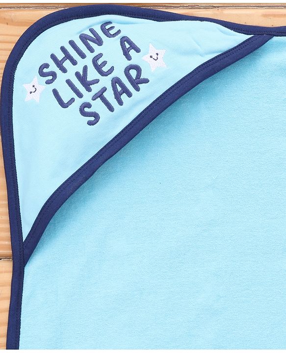 Babyhug Cotton Knit Hooded Towel With Star Print & Text Embroidery L 75 x B 71 cm - Light Blue