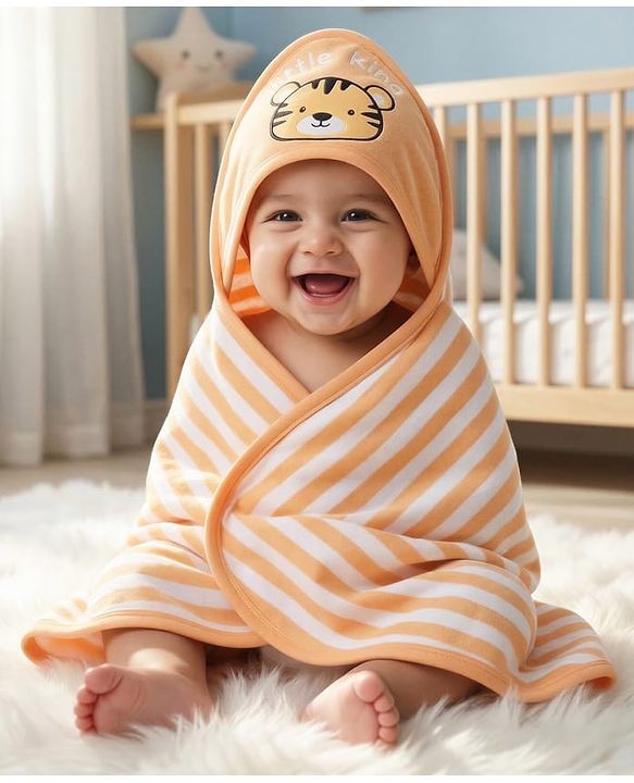 Babyhug Cotton Knit Hooded Towel With Tiger Embroidery & Stripes L 76 x B 76 cm - Light Brown