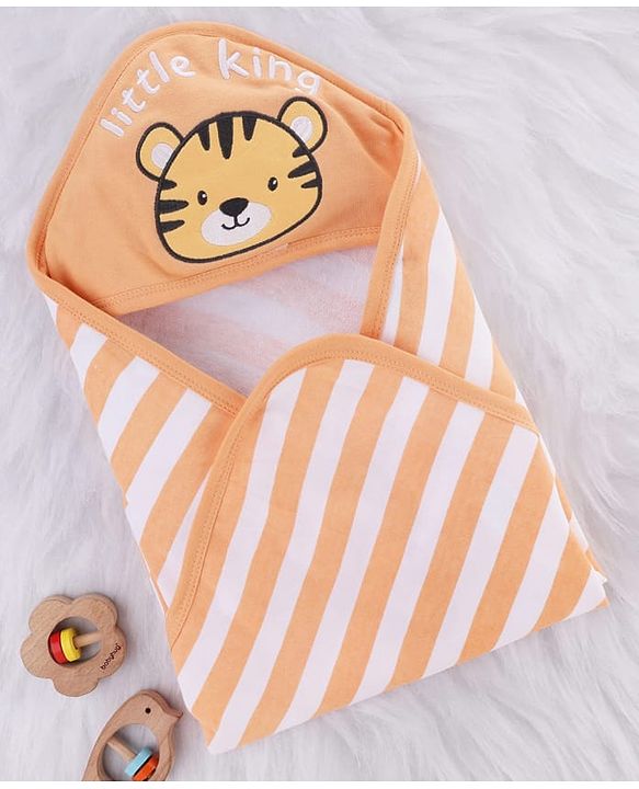 Babyhug Cotton Knit Hooded Towel With Tiger Embroidery & Stripes L 76 x B 76 cm - Light Brown