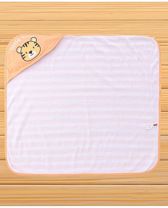 Babyhug Cotton Knit Hooded Towel With Tiger Embroidery & Stripes L 76 x B 76 cm - Light Brown