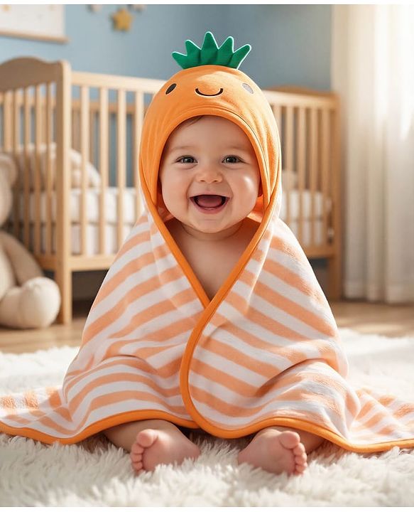 Babyhug Cotton Knit Hooded Towel With Stripes & Crown Applique L 73 x B 73 cm - Orange