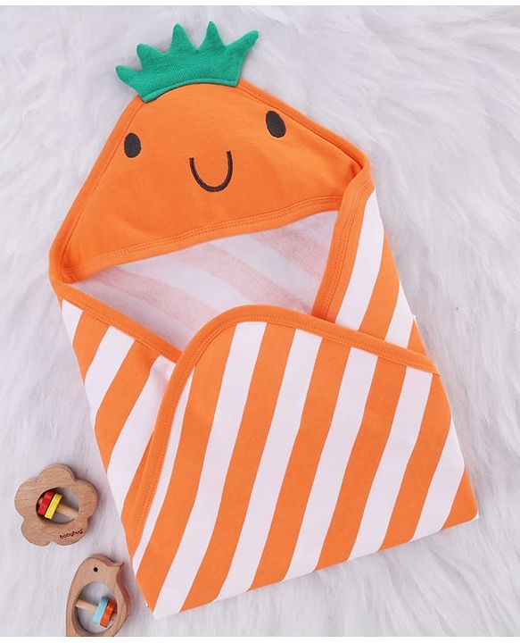 Babyhug Cotton Knit Hooded Towel With Stripes & Crown Applique L 73 x B 73 cm - Orange