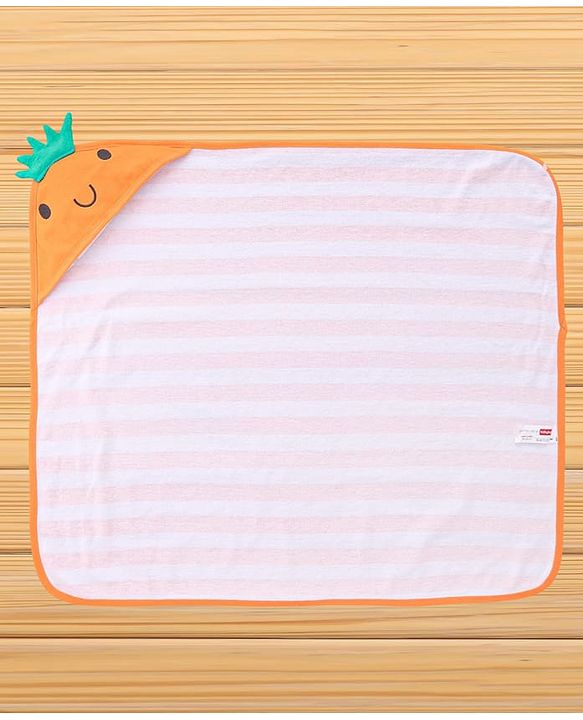 Babyhug Cotton Knit Hooded Towel With Stripes & Crown Applique L 73 x B 73 cm - Orange