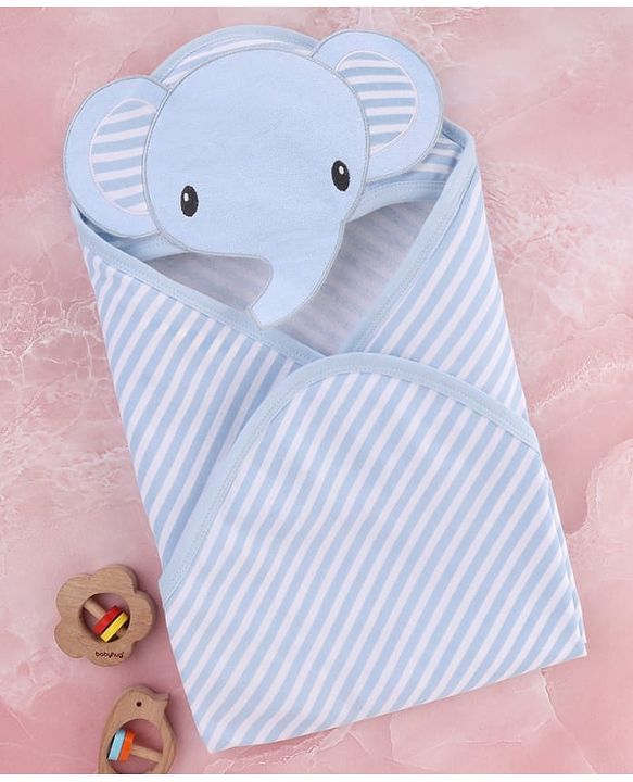 Babyhug Cotton Knit Hooded Wrapper With Elephant Applique L 76 x B 76 cm - Light Blue