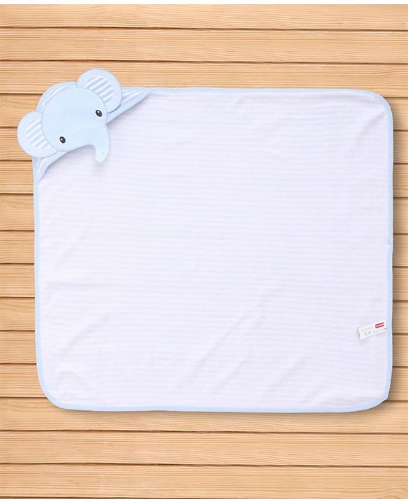 Babyhug Cotton Knit Hooded Wrapper With Elephant Applique L 76 x B 76 cm - Light Blue