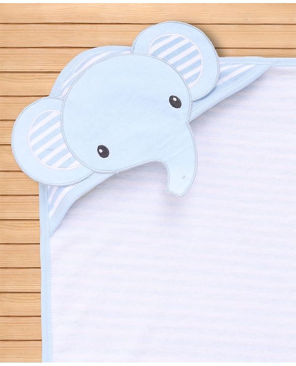 Babyhug Cotton Knit Hooded Wrapper With Elephant Applique L 76 x B 76 cm - Light Blue