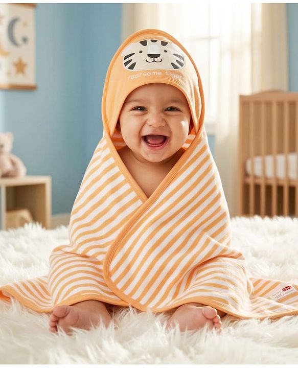 Babyhug Cotton Knit Hooded Towel With Tiger Embroidery & Stripes L 76 x B 68.5 cm - Orange