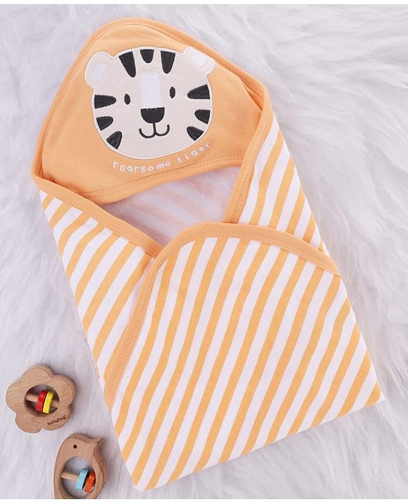Babyhug Cotton Knit Hooded Towel With Tiger Embroidery & Stripes L 76 x B 68.5 cm - Orange