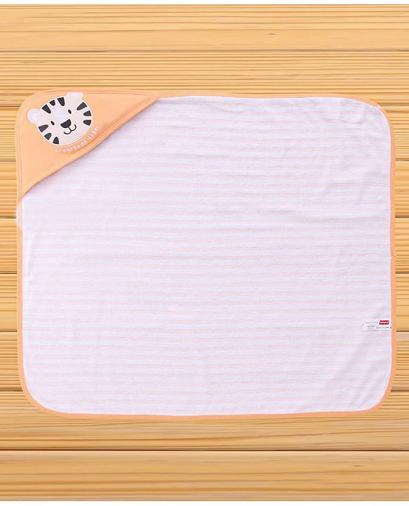Babyhug Cotton Knit Hooded Towel With Tiger Embroidery & Stripes L 76 x B 68.5 cm - Orange