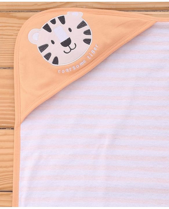 Babyhug Cotton Knit Hooded Towel With Tiger Embroidery & Stripes L 76 x B 68.5 cm - Orange
