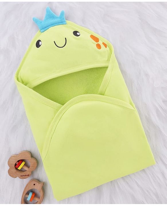 Babyhug Cotton Knit Hooded Towel With Embroidery & Crown Applique L 73 x B 73 cm - Lime Green