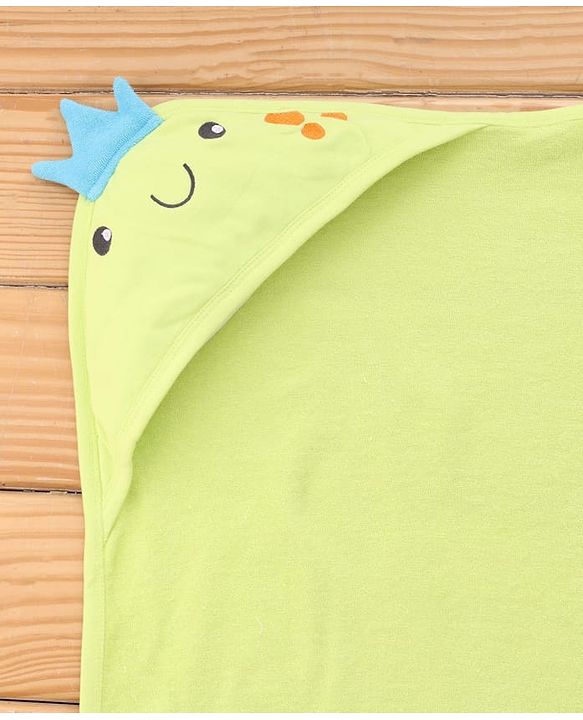 Babyhug Cotton Knit Hooded Towel With Embroidery & Crown Applique L 73 x B 73 cm - Lime Green
