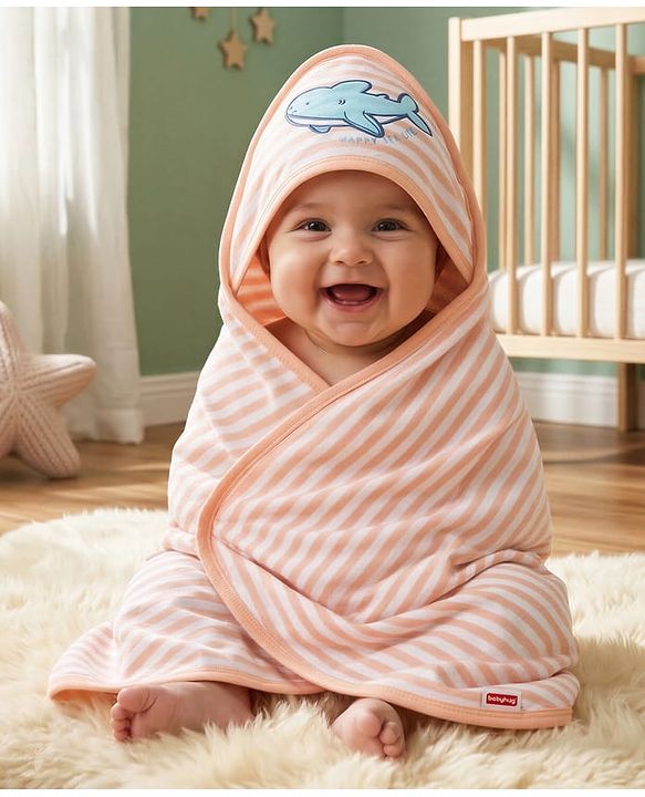 Babyhug Cotton Knit Hooded Towel With Stripes & Sea Life Embroidery L 76 x B 68.5 cm - Orange