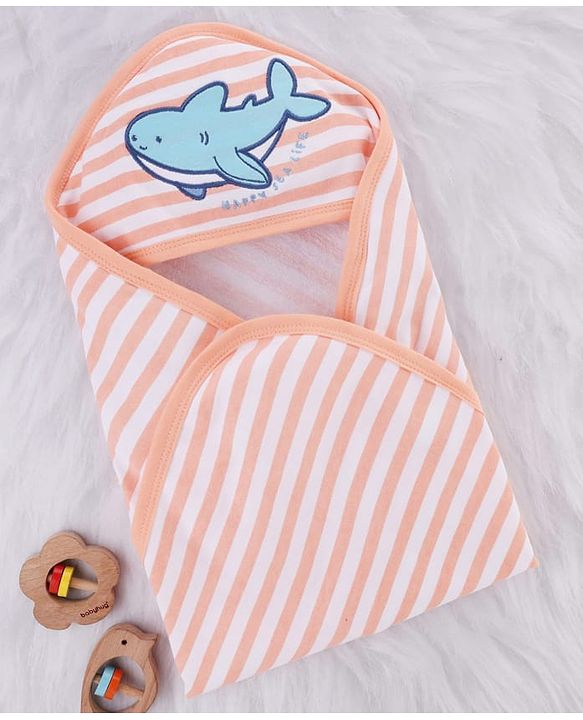 Babyhug Cotton Knit Hooded Towel With Stripes & Sea Life Embroidery L 76 x B 68.5 cm - Orange