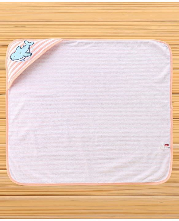 Babyhug Cotton Knit Hooded Towel With Stripes & Sea Life Embroidery L 76 x B 68.5 cm - Orange