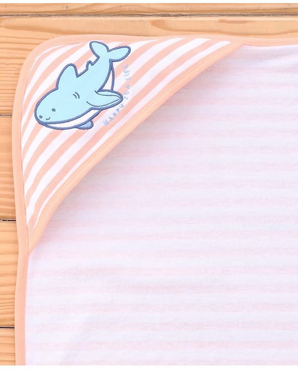 Babyhug Cotton Knit Hooded Towel With Stripes & Sea Life Embroidery L 76 x B 68.5 cm - Orange