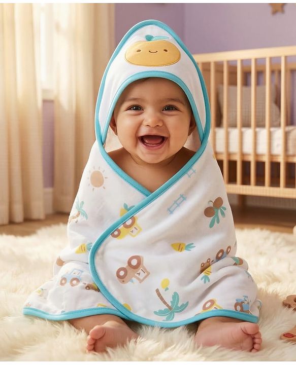 Babyhug Cotton Knit Hooded Towel With Tropical Theme Print & Embroidery L 76 x B 76 cm - White