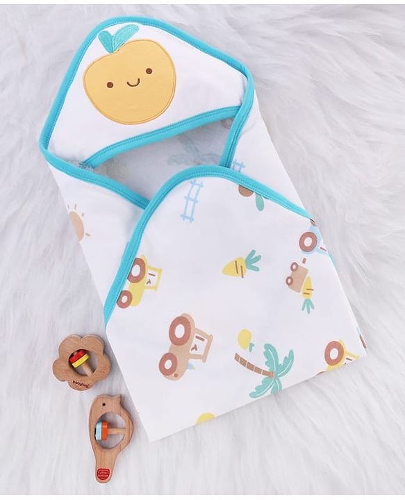 Babyhug Cotton Knit Hooded Towel With Tropical Theme Print & Embroidery L 76 x B 76 cm - White