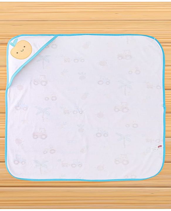 Babyhug Cotton Knit Hooded Towel With Tropical Theme Print & Embroidery L 76 x B 76 cm - White