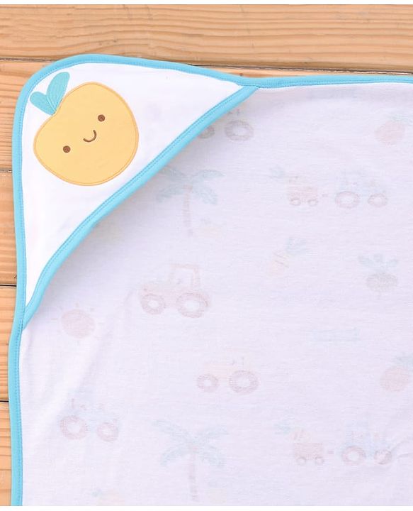 Babyhug Cotton Knit Hooded Towel With Tropical Theme Print & Embroidery L 76 x B 76 cm - White