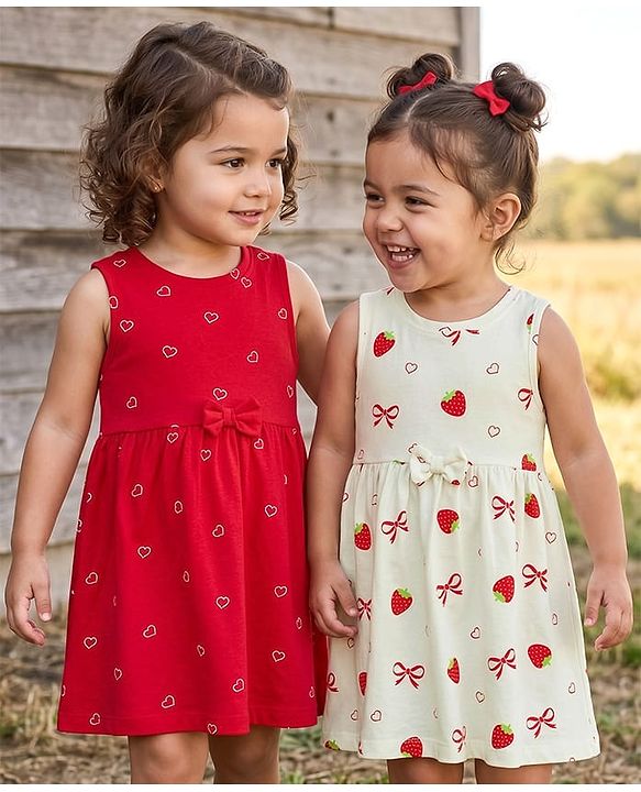 Babyhug Single Jersey Knit Sleeveless Frocks With Heart & Strawberry Print Pack of 2 - Multicolor