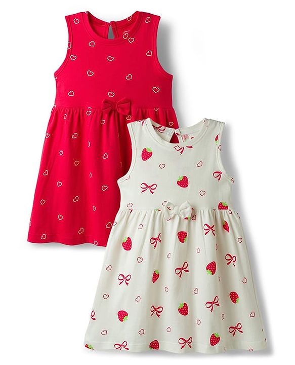 Babyhug Single Jersey Knit Sleeveless Frocks With Heart & Strawberry Print Pack of 2 - Multicolor