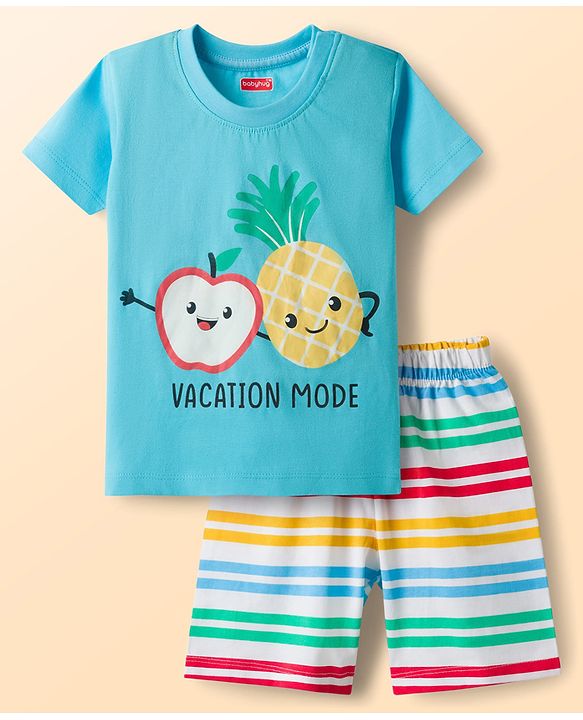Babyhug Cotton Knit Half Sleeves Fruit Printed T-Shirt & Striped Short Night Suit - Light Blue