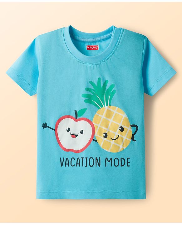 Babyhug Cotton Knit Half Sleeves Fruit Printed T-Shirt & Striped Short Night Suit - Light Blue