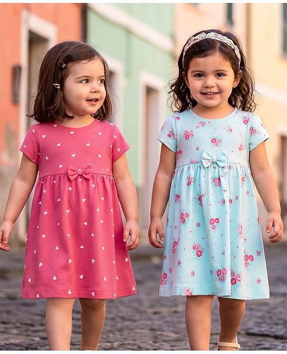 Babyhug Cotton Knit Frocks with Bow Detail Multi Color 3-6 Months