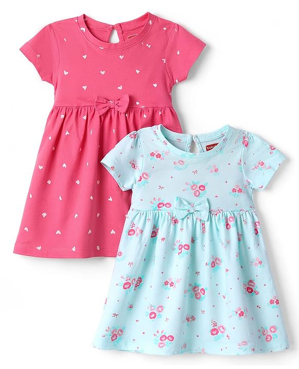 Babyhug Cotton Knit Frocks with Bow Detail Multi Color 3-6 Months